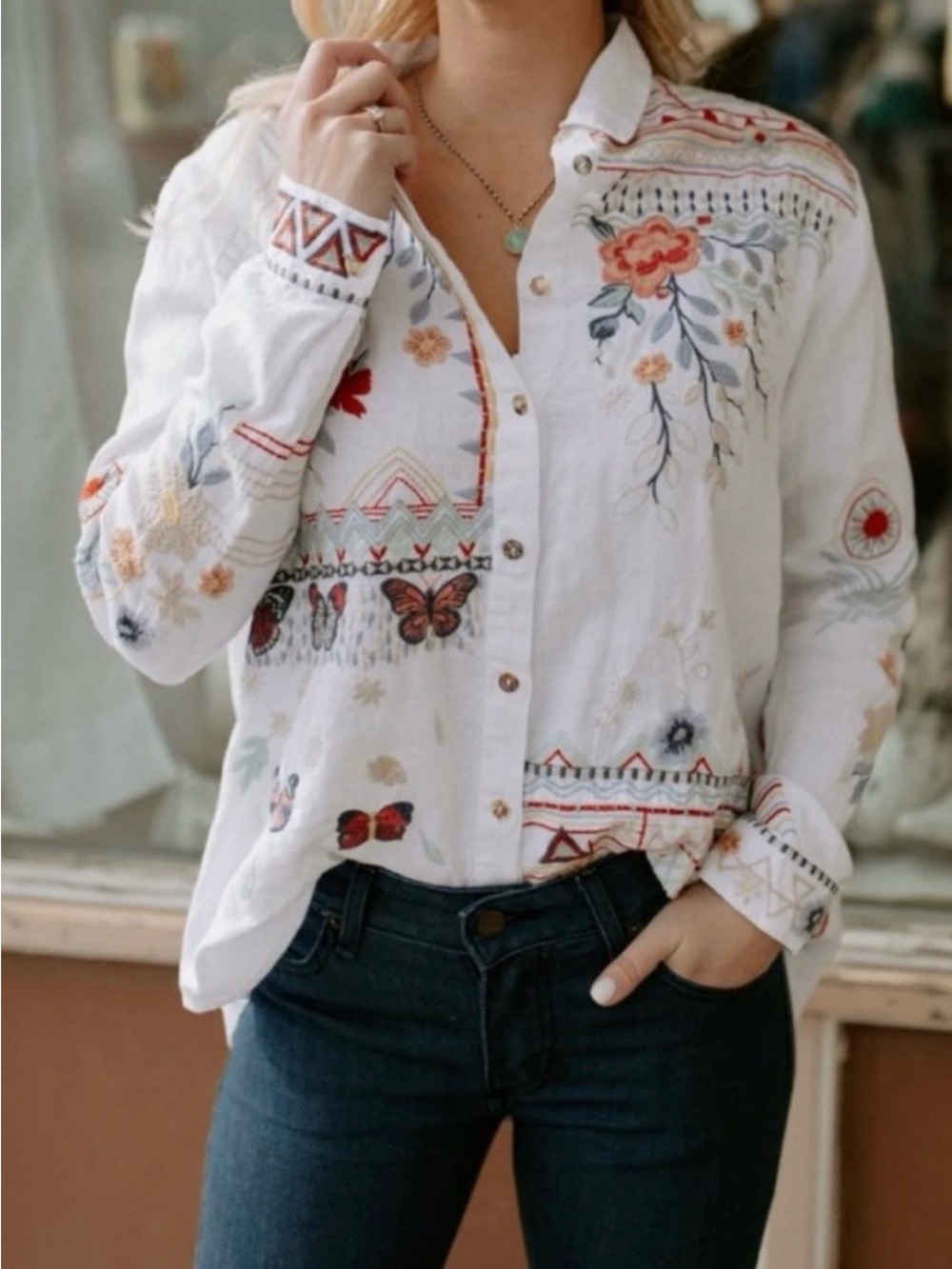Johnny Was Aravis Linen Embroidered Shirt White Size XS - Picture 5 of 14
